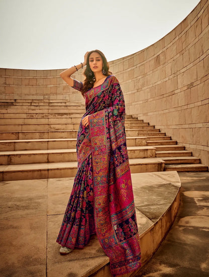 Navy Blue Modal Kashmiri Saree