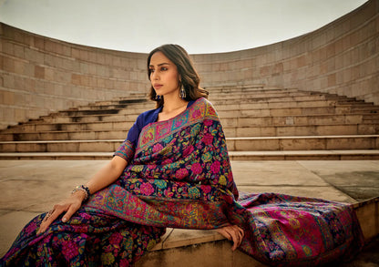 Navy Blue Modal Kashmiri Saree