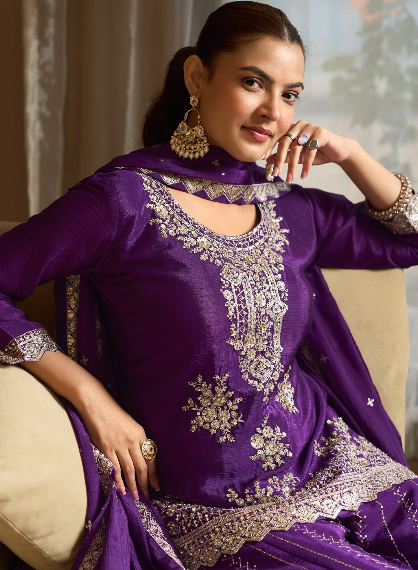 Grape Purple Chinon Embroidery Salwar suit