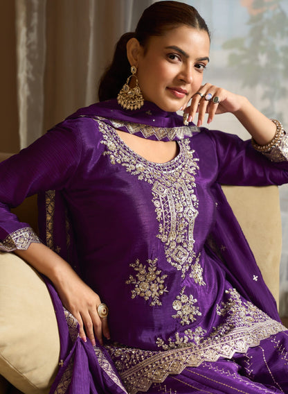 Grape Purple Chinon Embroidery Salwar suit
