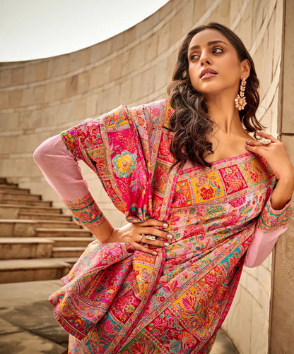 Powder Pink Modal Kashmiri Saree
