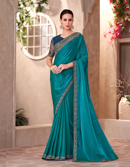 Peacock Blue Satin Georgette Embroidery Work Saree