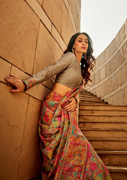 Taupe Brown Modal Kashmiri Saree