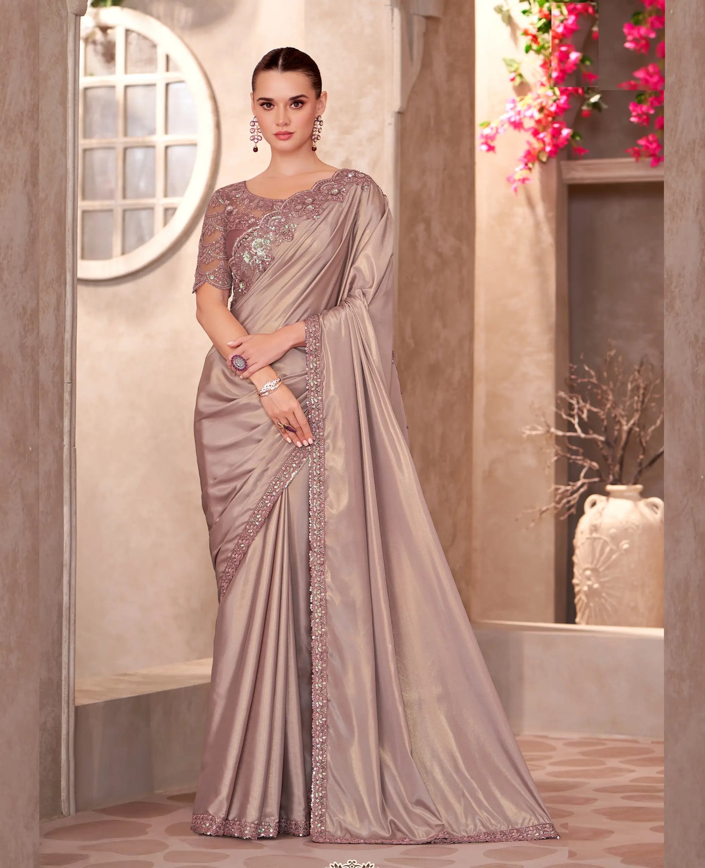 Shiney Beige Shimmer Crepe Embroidery Work Saree
