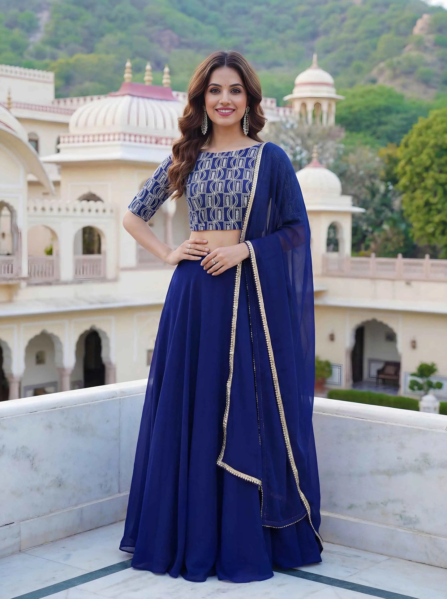 Blue Georgette Lehenga with Embroidery