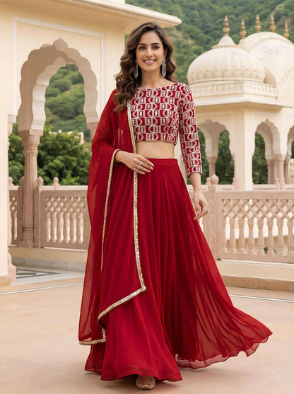 Red Georgette Lehenga with Embroidery Work