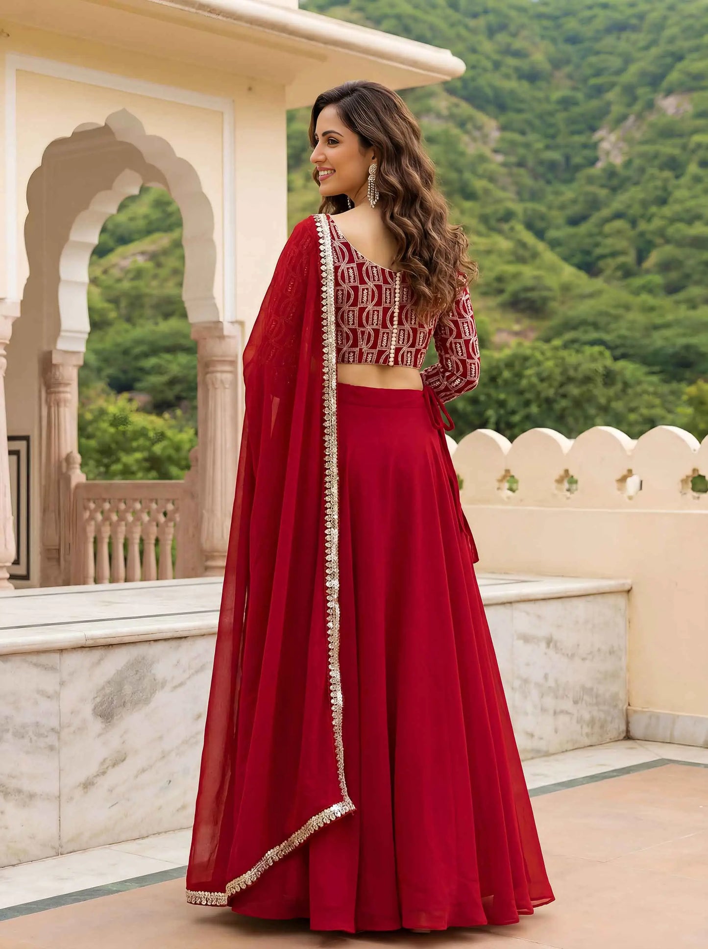 Red Georgette Lehenga with Embroidery Work