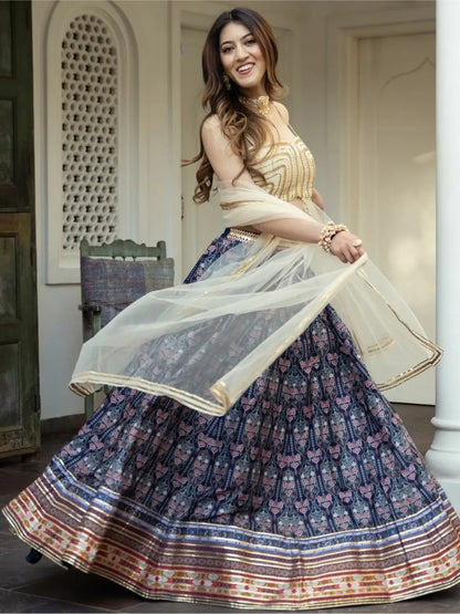 Blue Art Silk Lehenga With Digital Print With Gota Patti Work