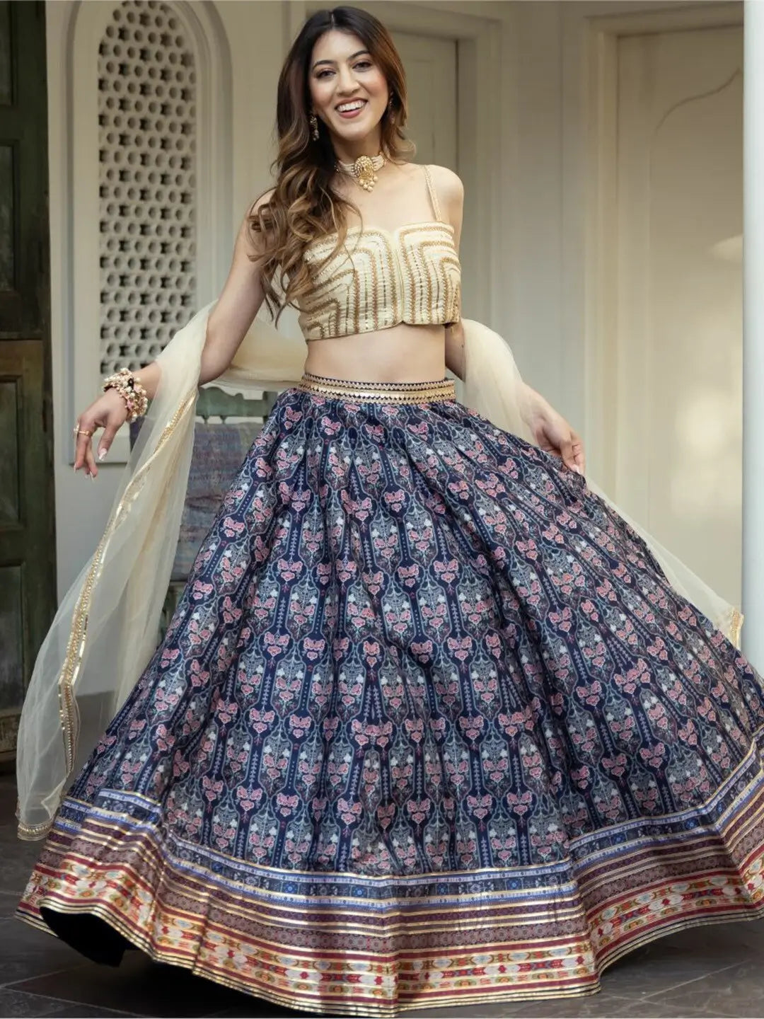 Blue Art Silk Lehenga With Digital Print With Gota Patti Work