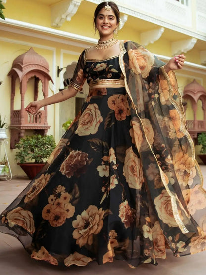 Black Floral Print Organza Lehenga With Gota Patti Work