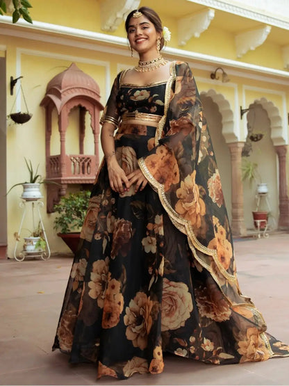 Black Floral Print Organza Lehenga With Gota Patti Work