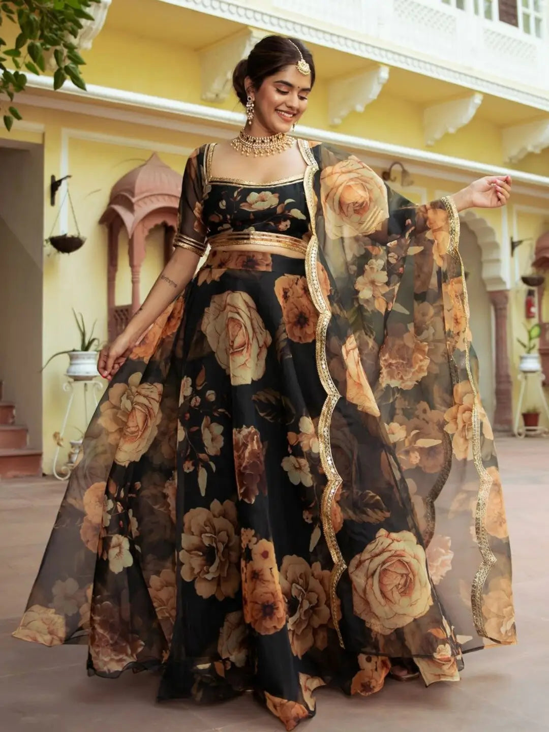 Black Floral Print Organza Lehenga With Gota Patti Work