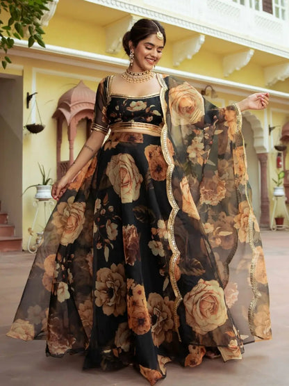 Black Floral Print Organza Lehenga With Gota Patti Work