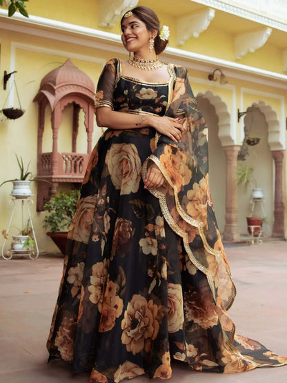 Black Floral Print Organza Lehenga With Gota Patti Work