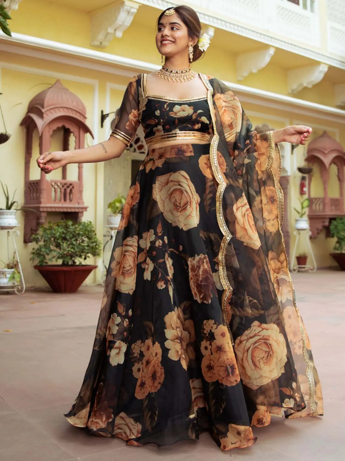 Black Floral Print Organza Lehenga With Gota Patti Work