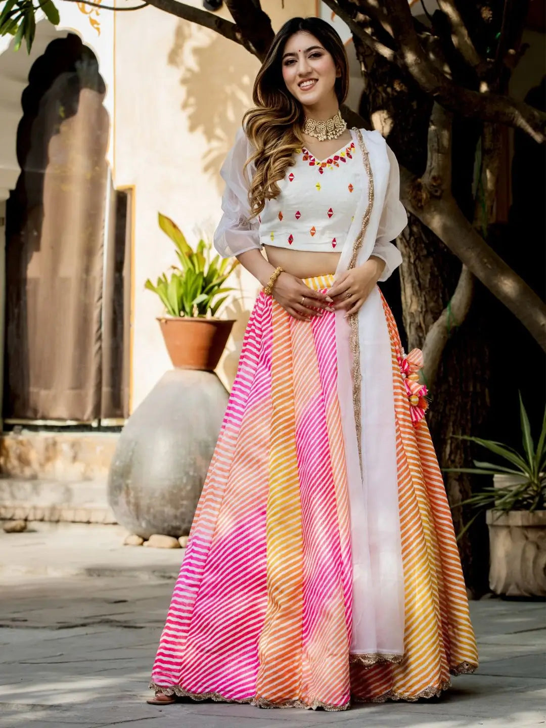 Multi color Organza Lehenga  Digital Print With Pearl And Real Mirror Work Blouse