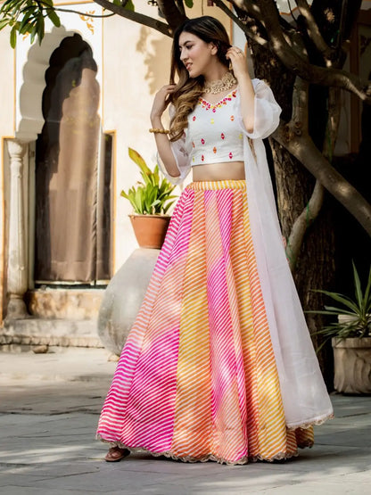 Multi color Organza Lehenga  Digital Print With Pearl And Real Mirror Work Blouse