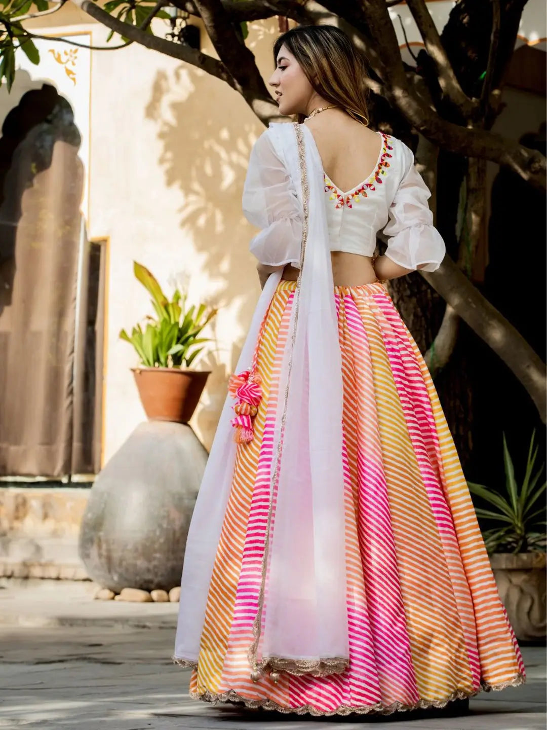 Multi color Organza Lehenga  Digital Print With Pearl And Real Mirror Work Blouse