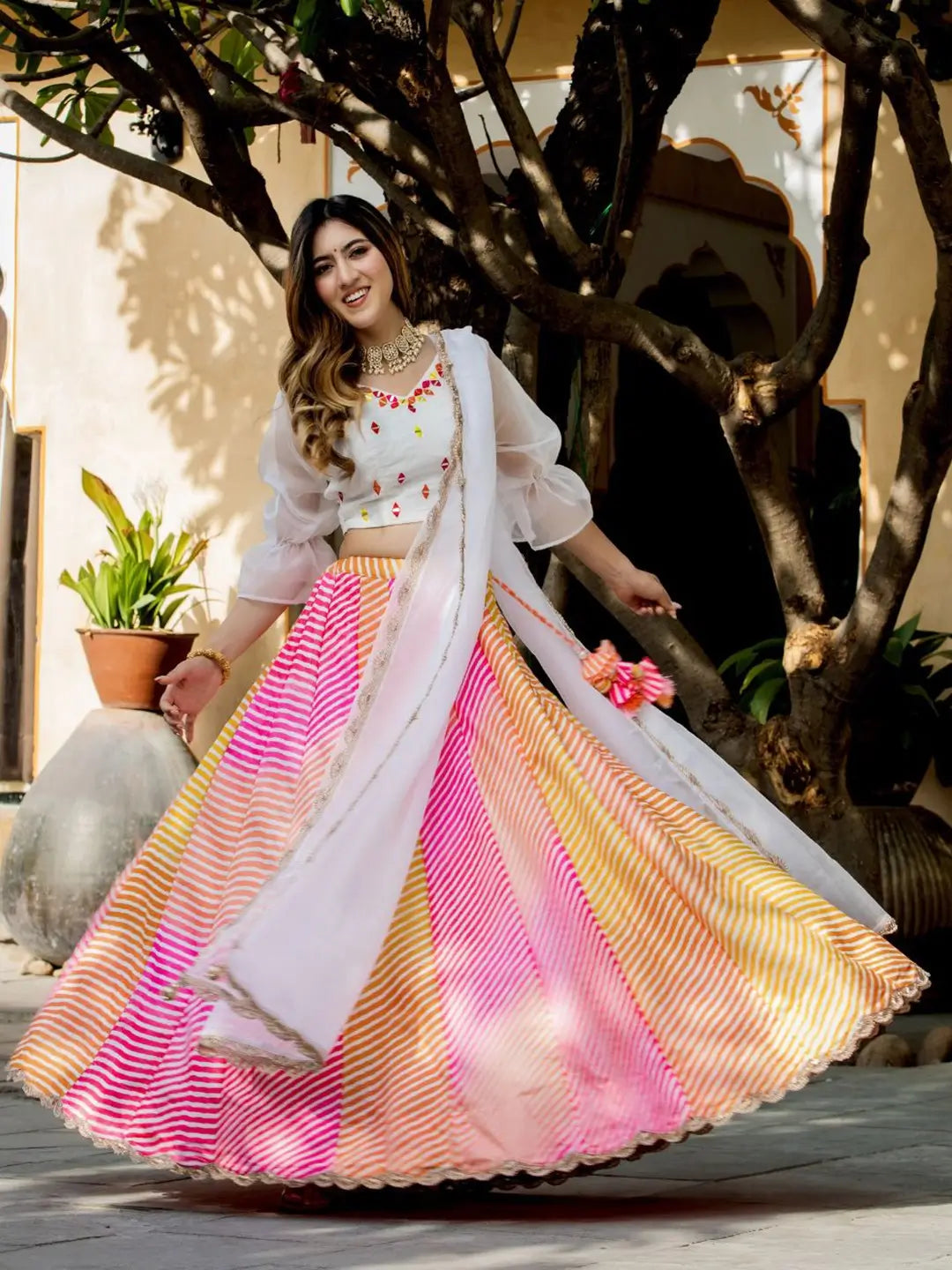 Multi color Organza Lehenga  Digital Print With Pearl And Real Mirror Work Blouse