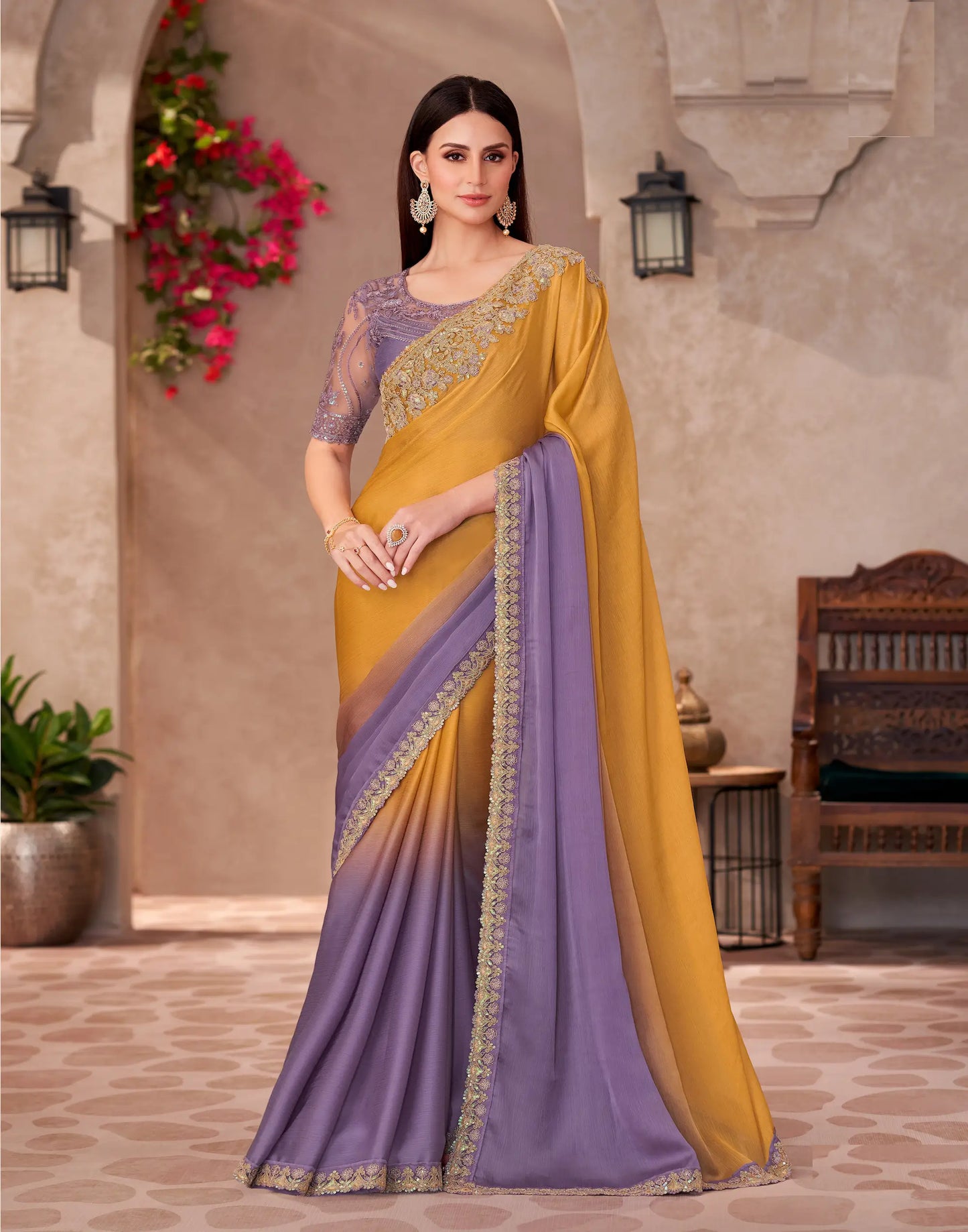 Honey Yellow-Lilac Shaded Chiffon Embroidery Work Saree