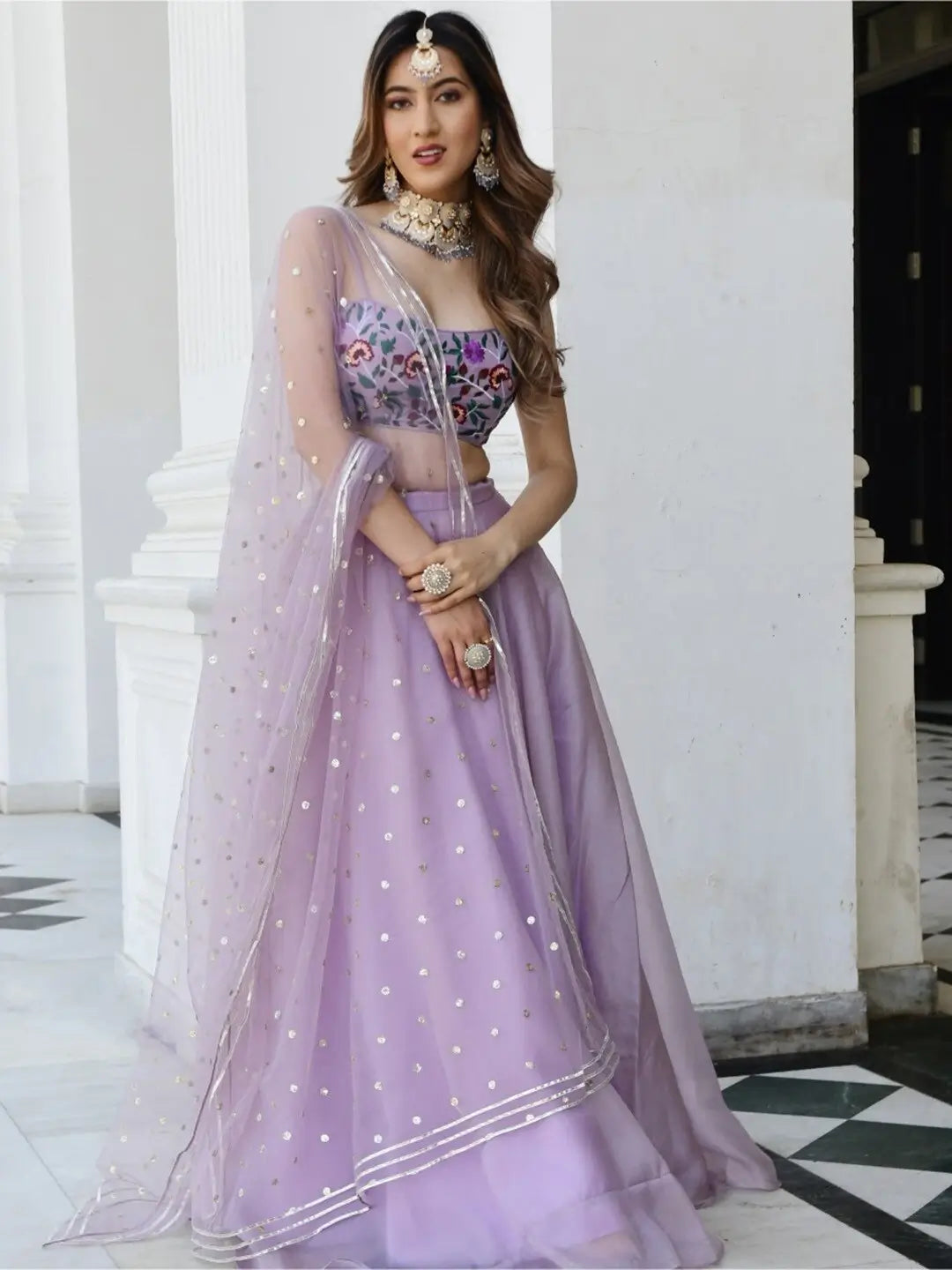 Lavender Organza Net Lehenga With Gota Patti Work With Resham Sequins Embroidery Work