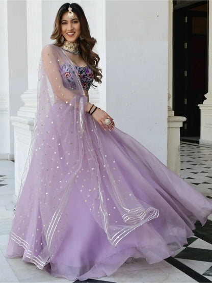 Lavender Organza Net Lehenga With Gota Patti Work With Resham Sequins Embroidery Work