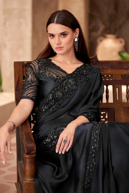 Blue-Grey Shaded Chiffon Embroidery Work Saree