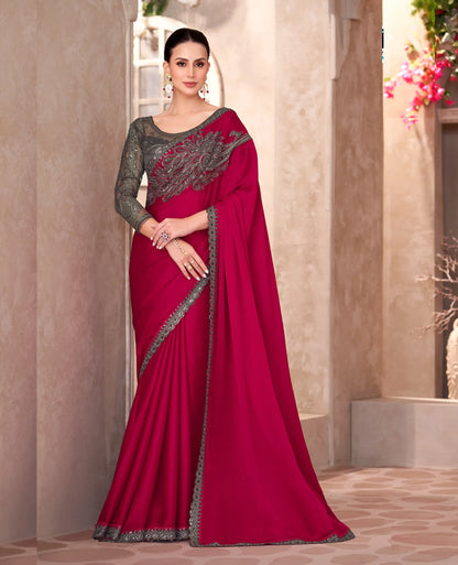 Rose Red Chiffon Embroidery Work Saree
