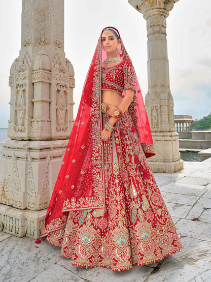 Designer Red Bridal Lehenga With Heavy Embroidery & 2 Dupatta