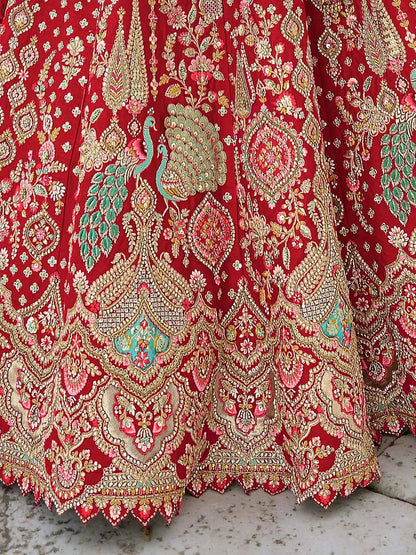 Designer Red Bridal Lehenga With Heavy Embroidery & 2 Dupatta