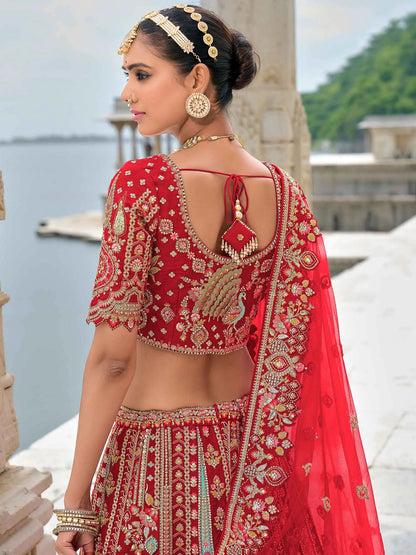 Designer Red Bridal Lehenga With Heavy Embroidery & 2 Dupatta
