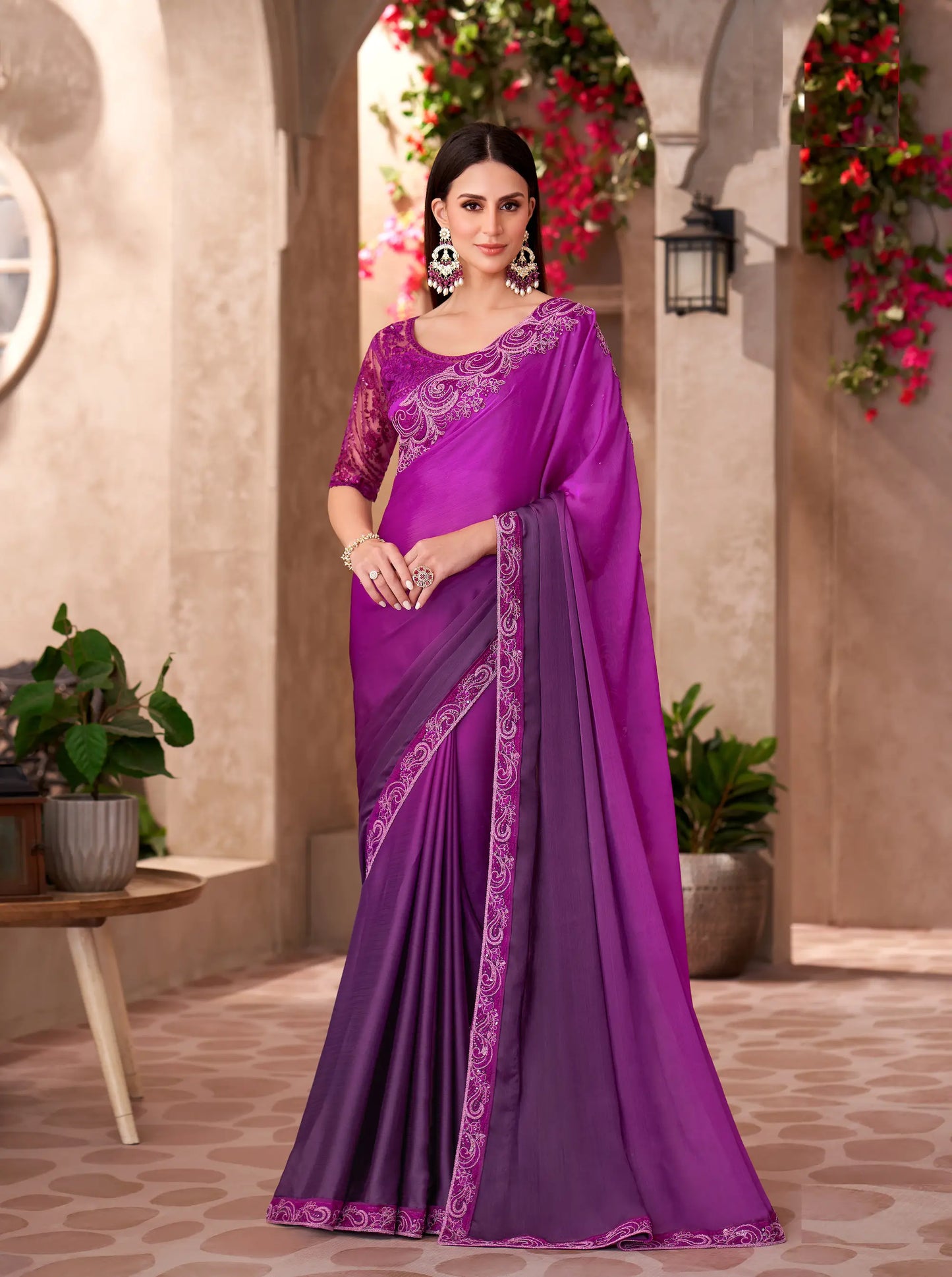 Magenta Pink-Purple Shaded Chiffon Embroidery Work Saree