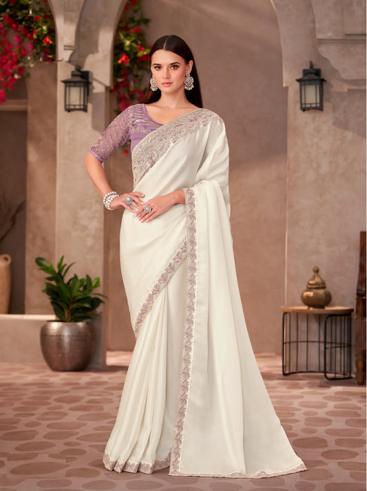 Pearl White Shiney Georgette Embroidery Work Saree