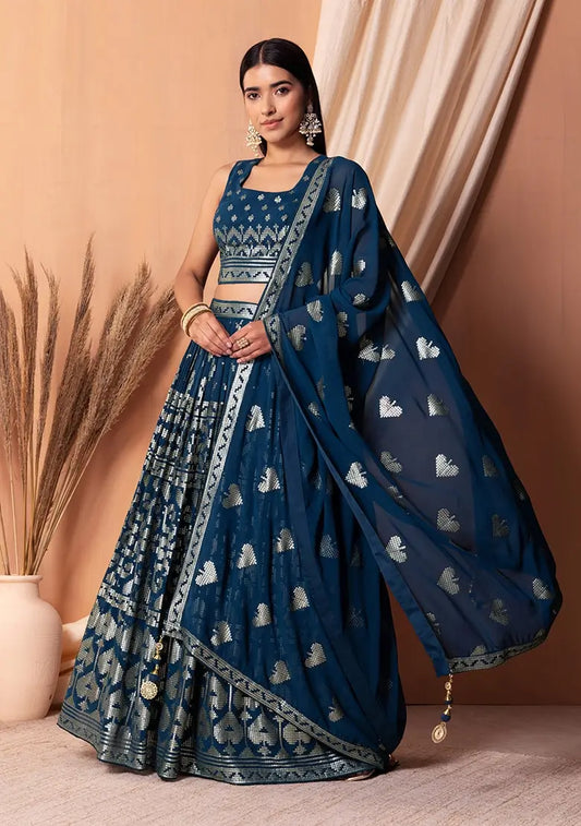 Blue Georgette Sequins And Thread Embroidery Work Lehenga choli