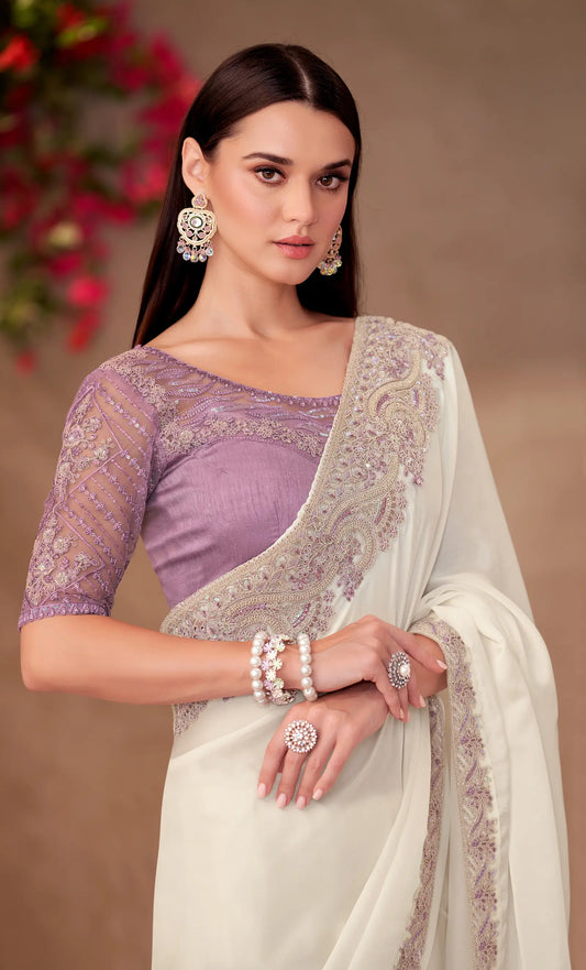 Pearl White Shiney Georgette Embroidery Work Saree