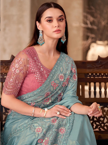 Aqua Blue Shimmer Crepe Embroidery Work Saree