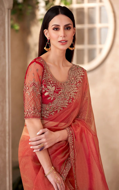 Rust Orange Sparkle Tissue Embroidery Work Saree