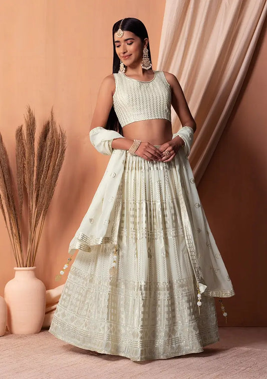 White  Georgette Sequins And Thread Embroidery Work Lehenga choli