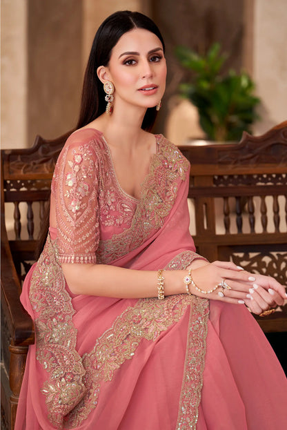 Peach Pink Shiney Georgette embroidery Work Saree
