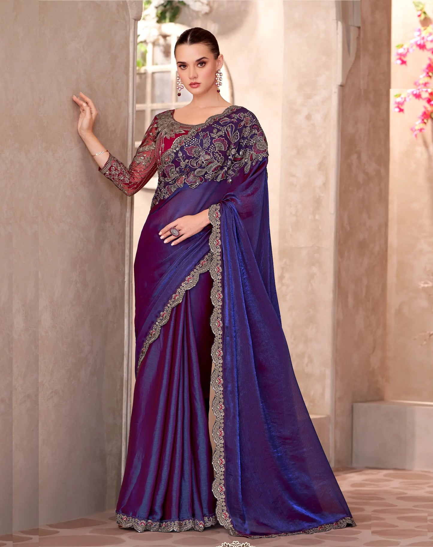 Electric Blue Satin Georgette Embroidery Work Saree
