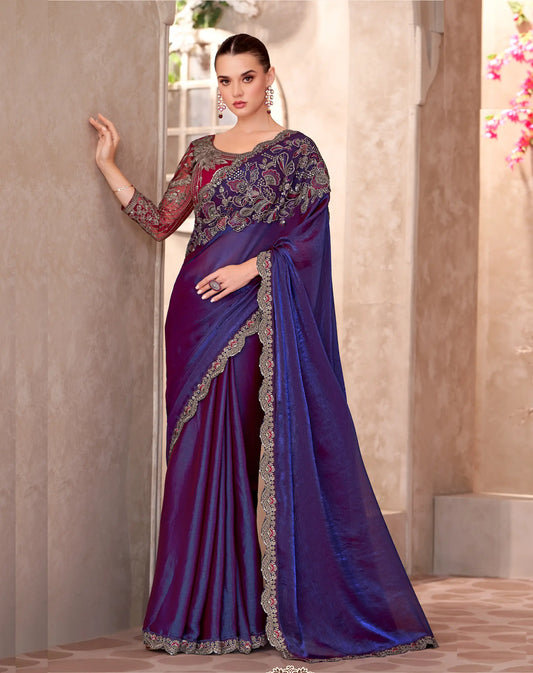 Electric Blue Satin Georgette Embroidery Work Saree