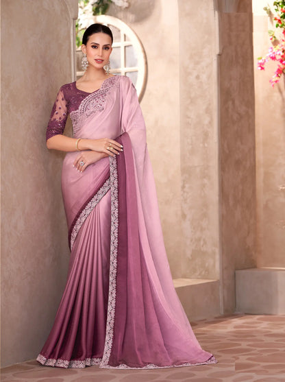 Powder Pink-Dull Purple Shaded Chiffon Embroidery Work Saree