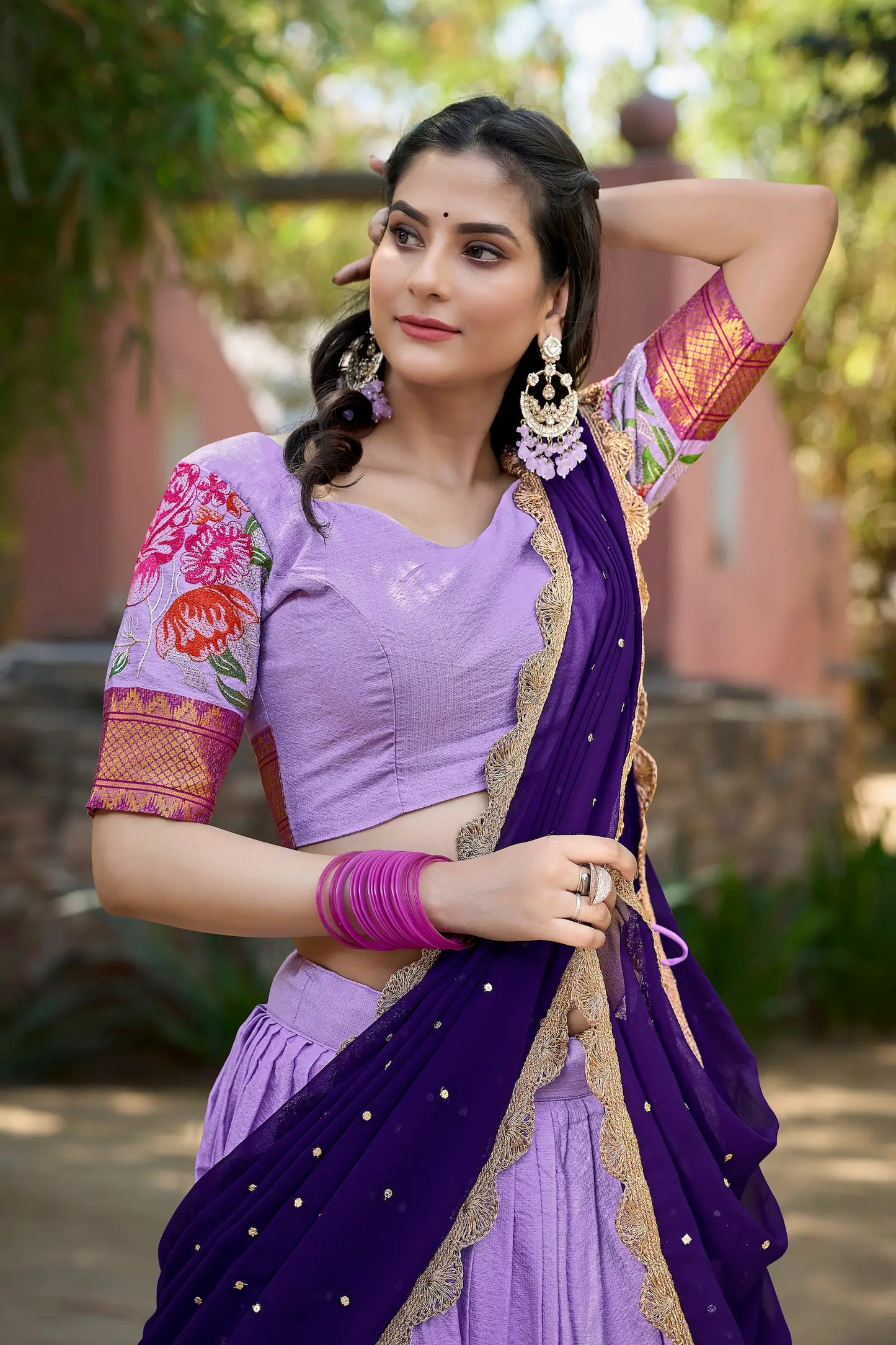 Lavender Cotton Silk Embroidery Lehenga Choli