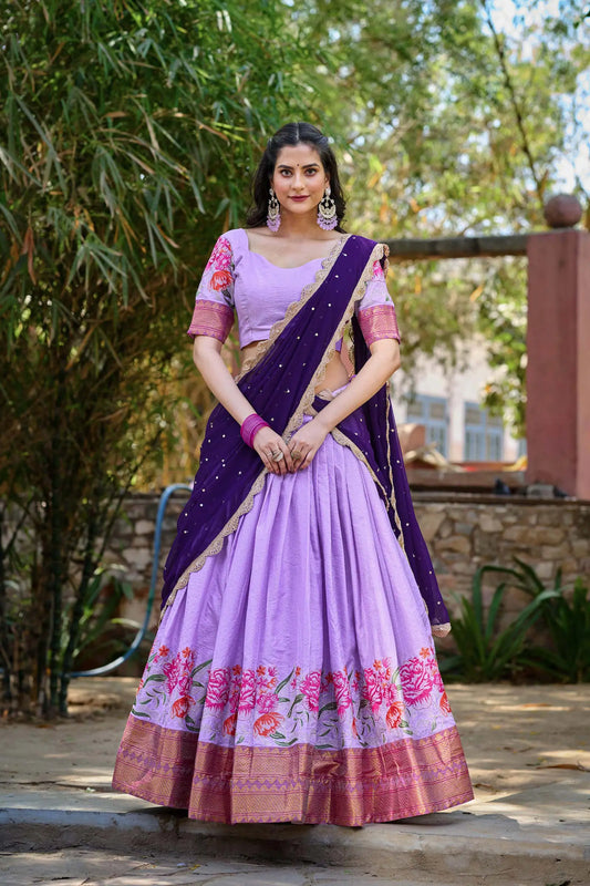 Lavender Cotton Silk Embroidery Lehenga Choli