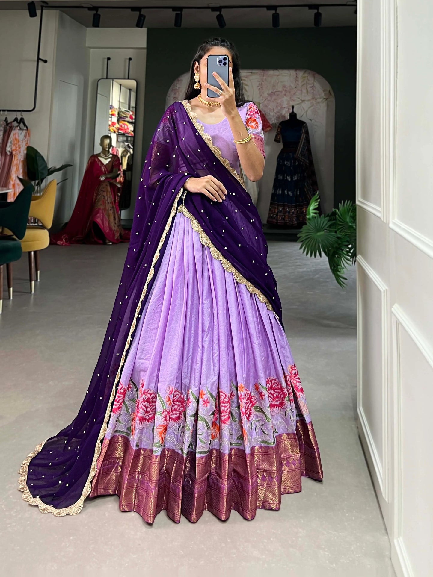 Lavender Cotton Silk Embroidery Lehenga Choli