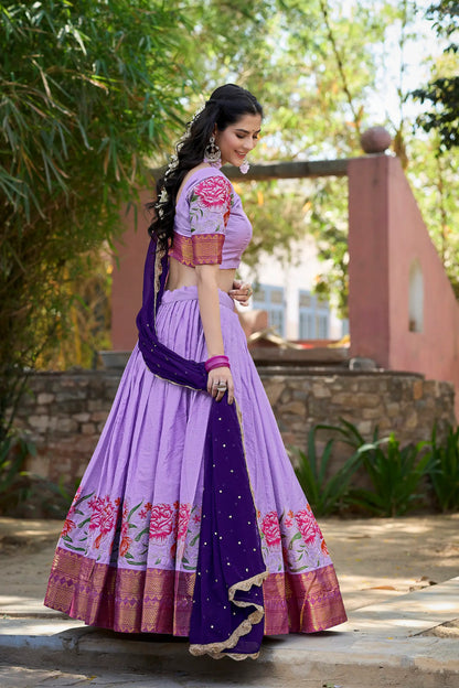 Lavender Cotton Silk Embroidery Lehenga Choli