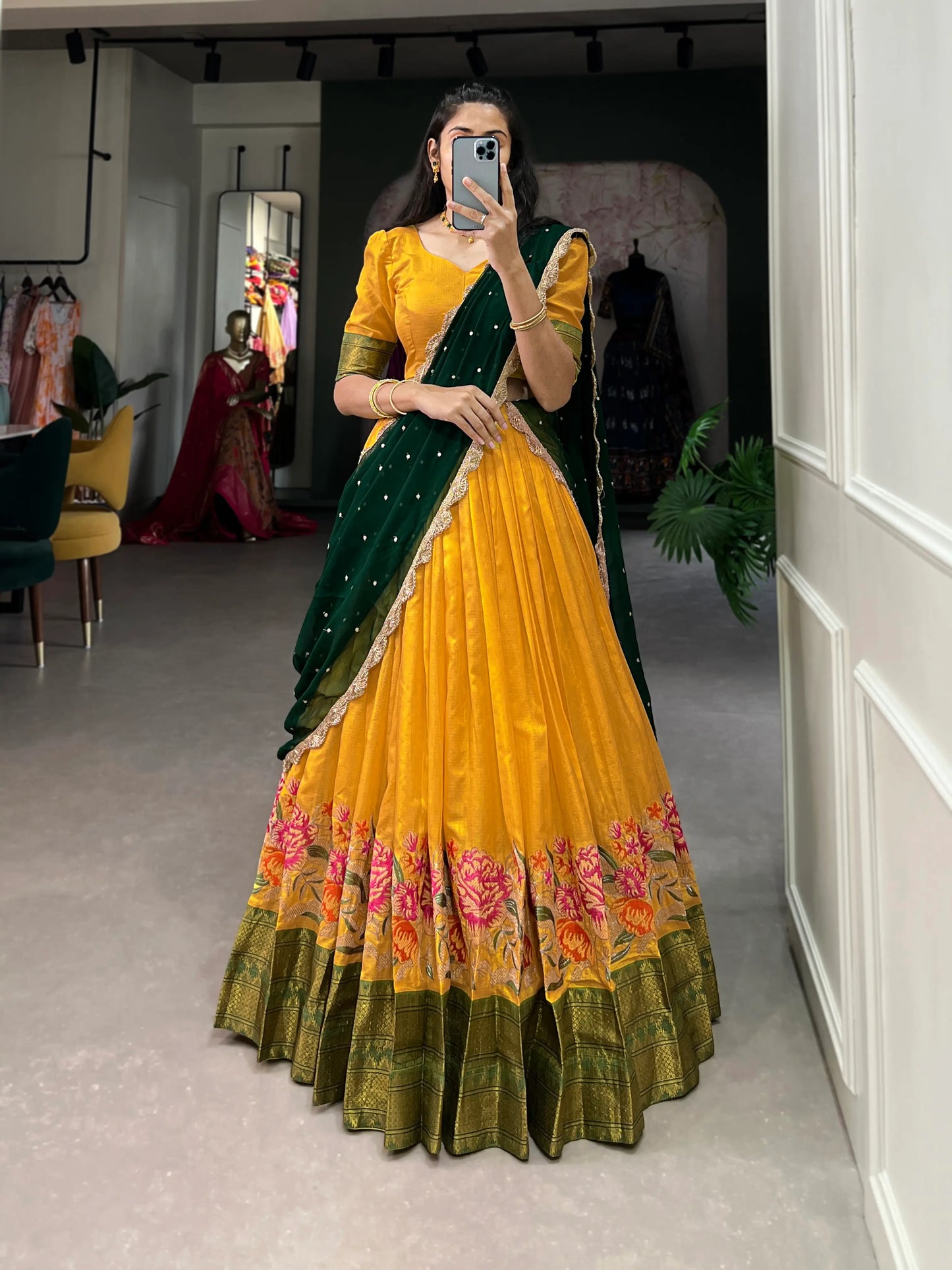 Mustard Cotton Silk Embroidery Lehenga Choli