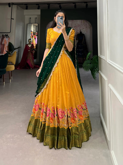 Mustard Cotton Silk Embroidery Lehenga Choli