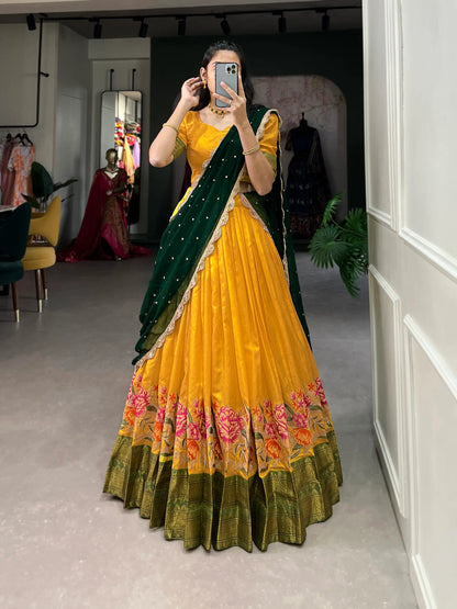 Mustard Cotton Silk Embroidery Lehenga Choli