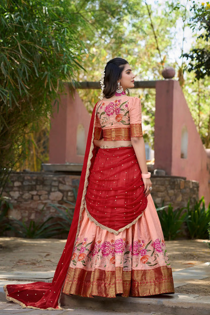 Peach Cotton Silk Embroidery Lehenga Choli